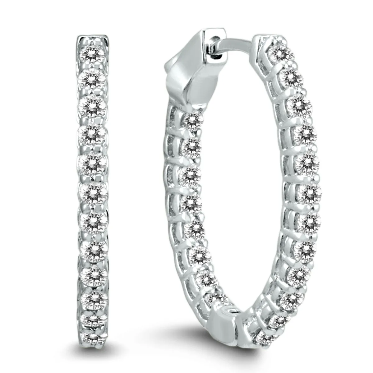 1 Carat Tw Oval Diamond Hoop Earrings With Push Button Locks In 14K White Gold