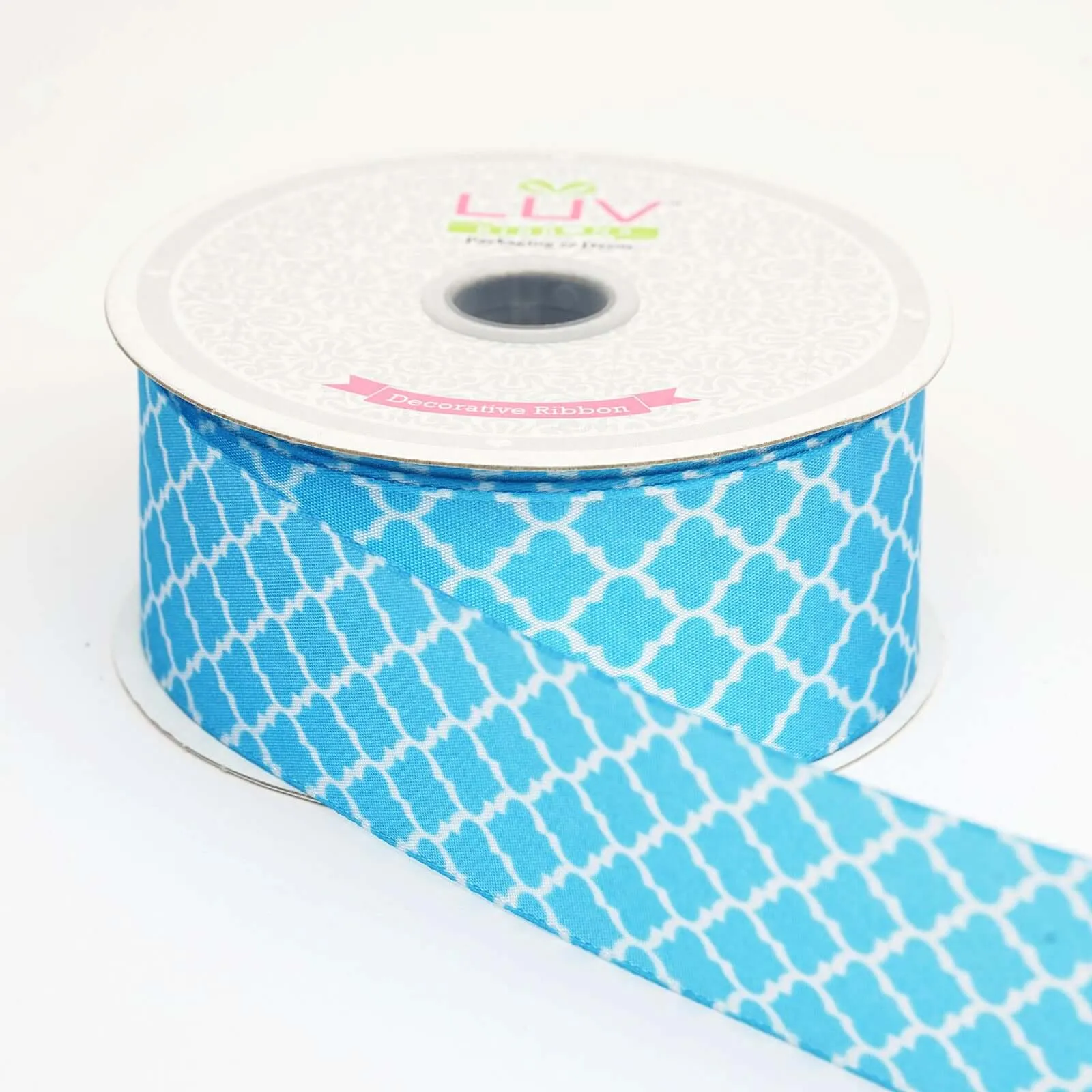 10 Yards 1.5" Turquoise Grosgrain Geometric Pattern Quatrefoil Ribbon - Clearance SALE