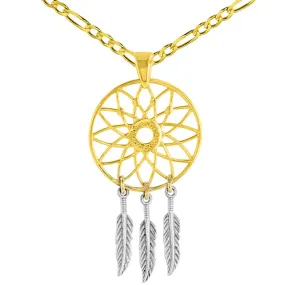 14K Gold Native American Dreamcatcher Charm Pendant with Figaro Necklace - Two-Tone Gold