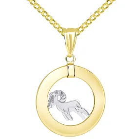 14k Gold Open Circle Aries Zodiac Sign Pendant Cuban Necklace - Two-Tone Gold