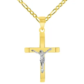 14k Two-Tone Gold 3D Catholic Christian Crucifix Slanted-Edge Cross Pendant with Figaro Chain Necklace