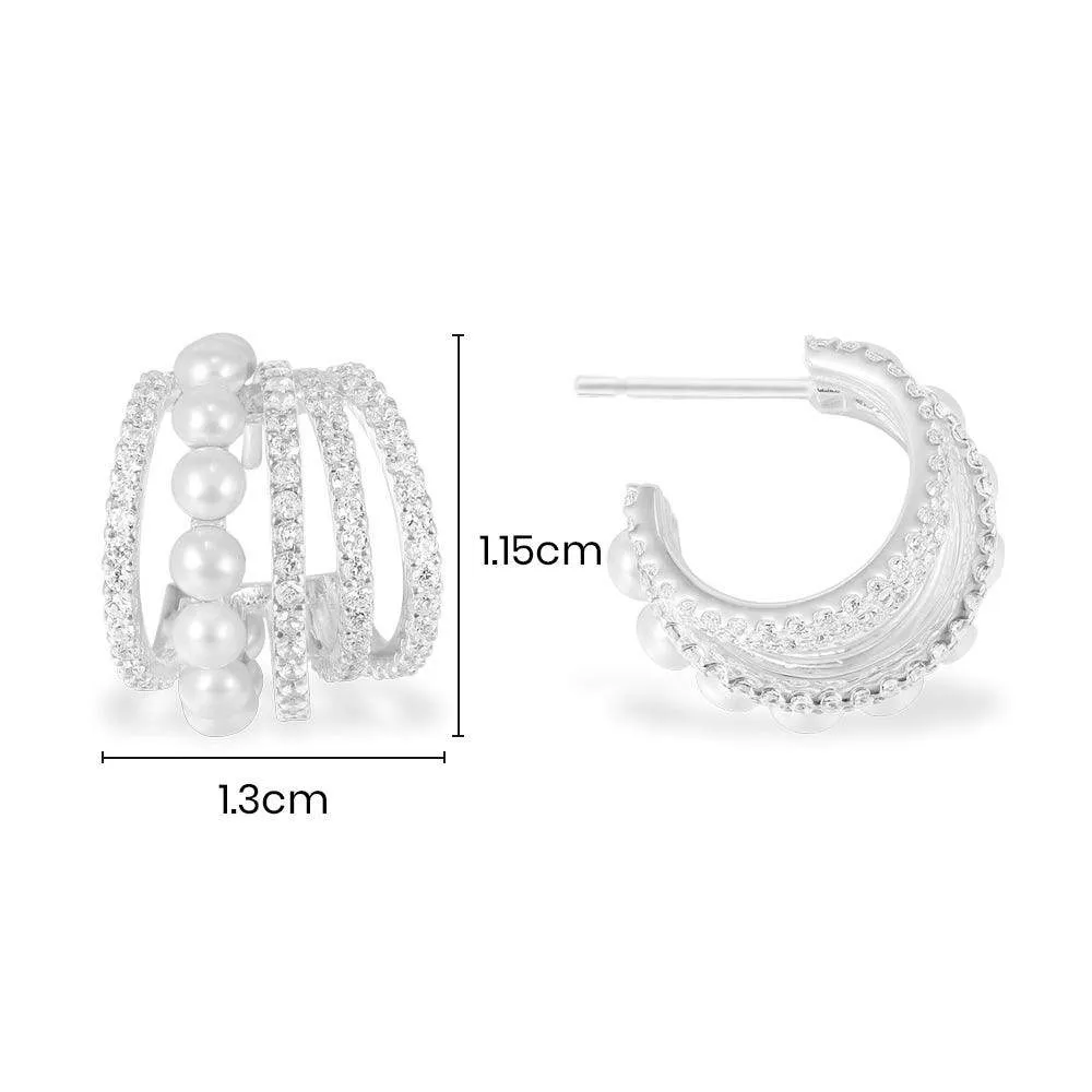 5 Hoop Earrings with Pearls - White Silver