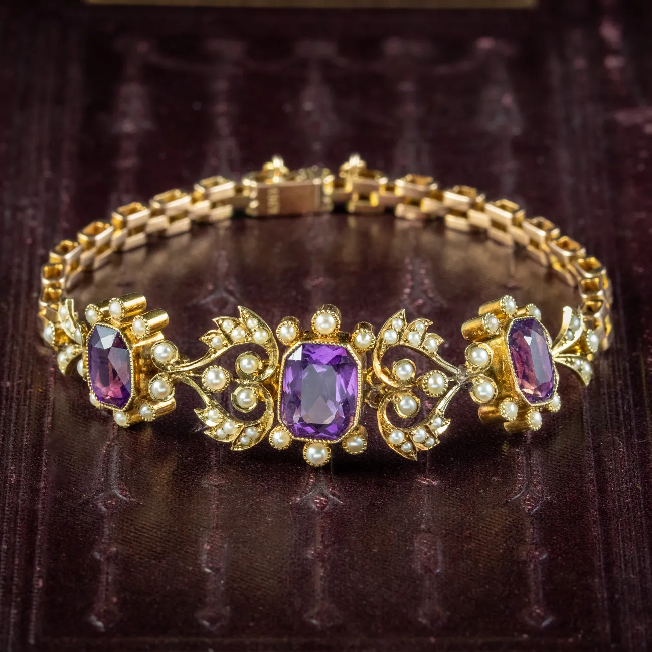 Antique Edwardian Amethyst Pearl Bracelet 15ct Gold