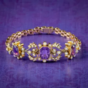 Antique Edwardian Amethyst Pearl Bracelet 15ct Gold