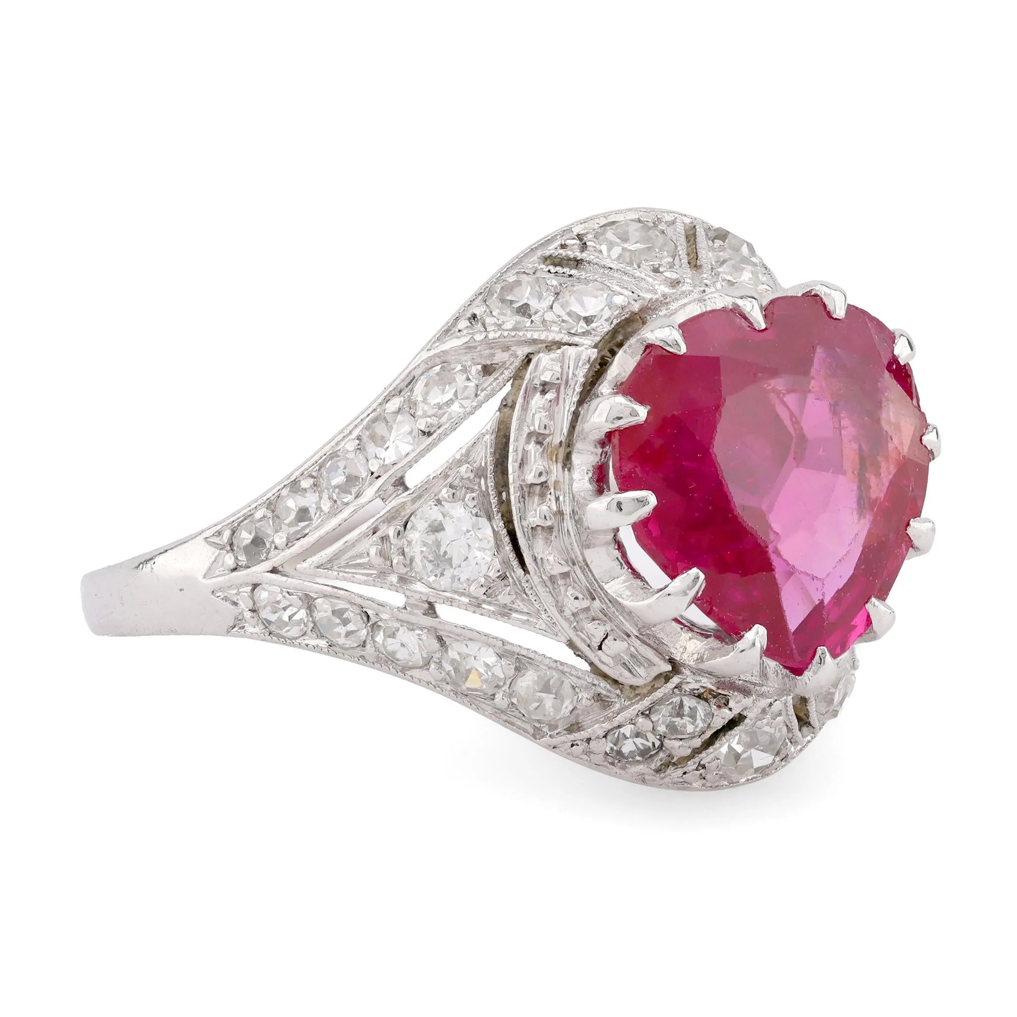 Art Deco French GIA 1.8 Carat Burma No Heat Ruby Diamond Platinum Ring