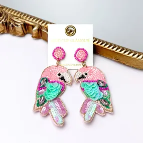 Beaded Parrot Earrings in Pink with Two Stones