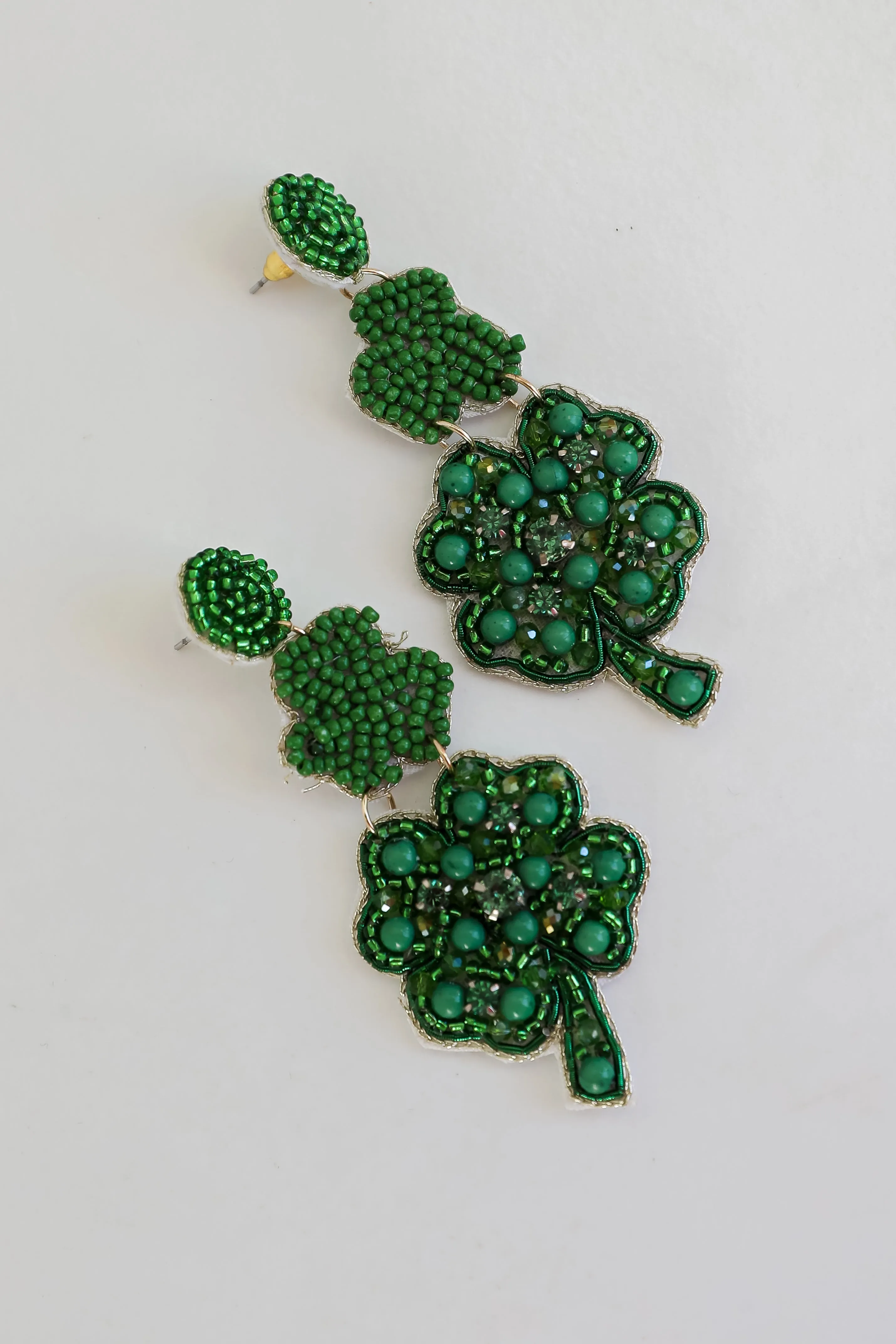 Caitlin Green Beaded Four Leaf Clover Drop Earrings