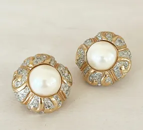 Classic vintage signed clip on pearl earrings signed by Vogue Bijoux.