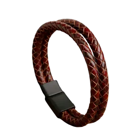 Genuine Leather Vintage Hand Woven Cord Magnetic Buckle Bracelet (Brown)