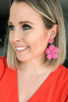 Pink Flower Beaded Dangle Earrings