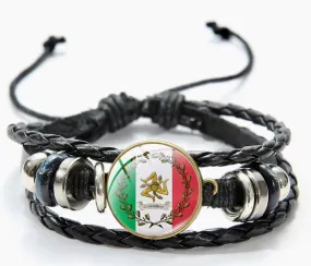 Trinacria Sicily, Italian Flag Bracelets Glass Art Dome Leather Wood Beads Wrist Bracelet for Lovers Gifts